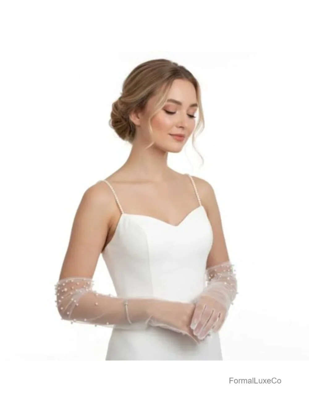 Long Tulle Gloves Bridal Opera Party Pearl Wedding Gloves for Women